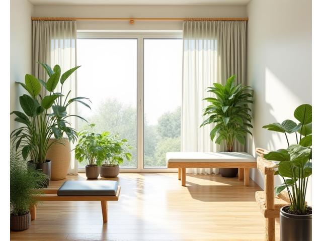 Eco-friendly home gym with natural light, recycled materials, and sustainable equipment